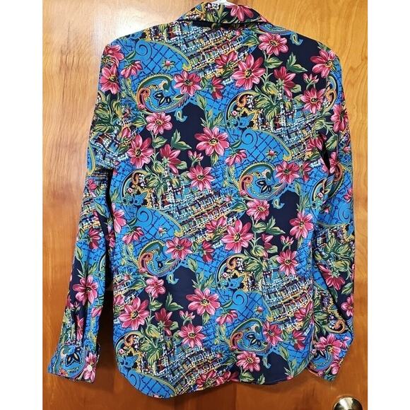 Halston Blouse Blue Floral Print Button Front Shirt Women's Size 10 Polyester - Picture 2 of 4